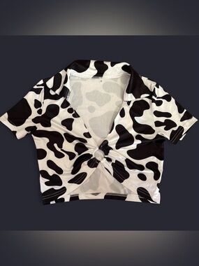 Black & White Cow Print Twist-Front Crop Top